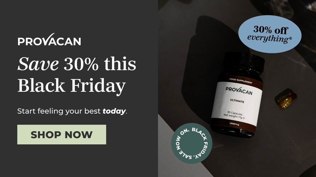 This static 16:9 ad uses a dark, premium aesthetic to present a 30% off discount on a bottle of food supplement capsules.